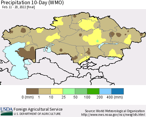 Kazakhstan Precipitation 10-Day (WMO) Thematic Map For 2/11/2022 - 2/20/2022
