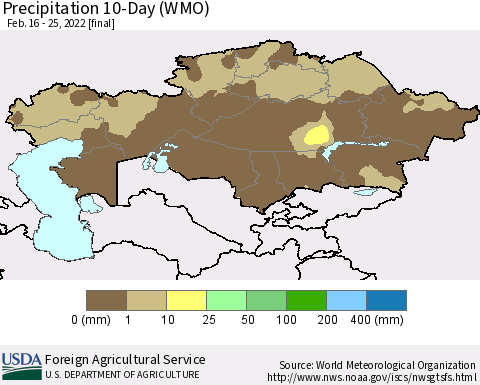 Kazakhstan Precipitation 10-Day (WMO) Thematic Map For 2/16/2022 - 2/25/2022