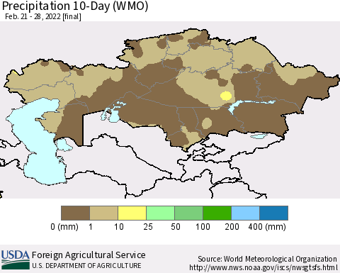 Kazakhstan Precipitation 10-Day (WMO) Thematic Map For 2/21/2022 - 2/28/2022