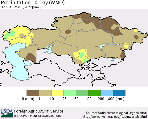 Kazakhstan Precipitation 10-Day (WMO) Thematic Map For 2/26/2022 - 3/5/2022