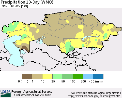 Kazakhstan Precipitation 10-Day (WMO) Thematic Map For 3/1/2022 - 3/10/2022