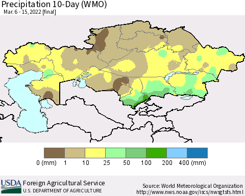 Kazakhstan Precipitation 10-Day (WMO) Thematic Map For 3/6/2022 - 3/15/2022