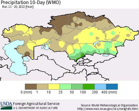 Kazakhstan Precipitation 10-Day (WMO) Thematic Map For 3/11/2022 - 3/20/2022