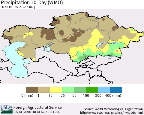 Kazakhstan Precipitation 10-Day (WMO) Thematic Map For 3/16/2022 - 3/25/2022