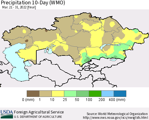 Kazakhstan Precipitation 10-Day (WMO) Thematic Map For 3/21/2022 - 3/31/2022