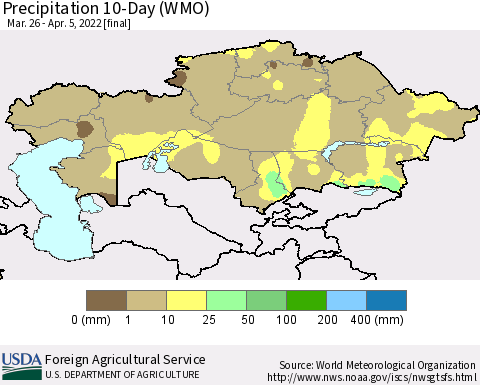 Kazakhstan Precipitation 10-Day (WMO) Thematic Map For 3/26/2022 - 4/5/2022