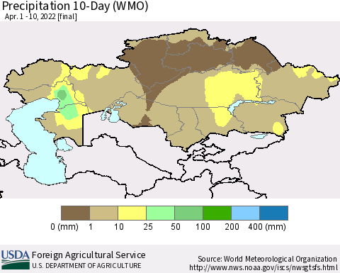 Kazakhstan Precipitation 10-Day (WMO) Thematic Map For 4/1/2022 - 4/10/2022