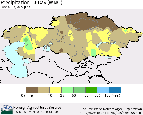 Kazakhstan Precipitation 10-Day (WMO) Thematic Map For 4/6/2022 - 4/15/2022