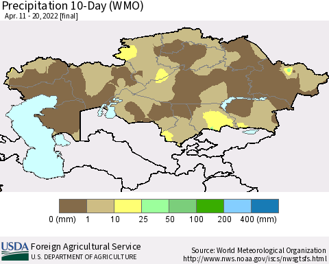 Kazakhstan Precipitation 10-Day (WMO) Thematic Map For 4/11/2022 - 4/20/2022