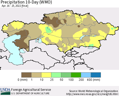 Kazakhstan Precipitation 10-Day (WMO) Thematic Map For 4/16/2022 - 4/25/2022