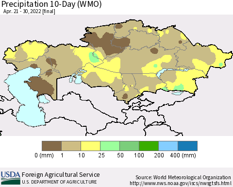 Kazakhstan Precipitation 10-Day (WMO) Thematic Map For 4/21/2022 - 4/30/2022
