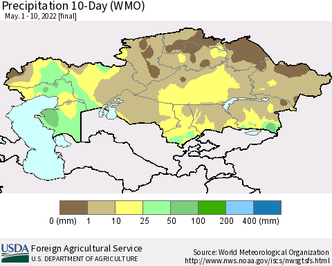 Kazakhstan Precipitation 10-Day (WMO) Thematic Map For 5/1/2022 - 5/10/2022