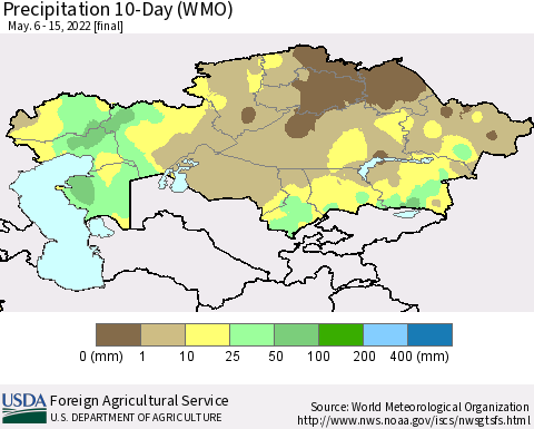 Kazakhstan Precipitation 10-Day (WMO) Thematic Map For 5/6/2022 - 5/15/2022