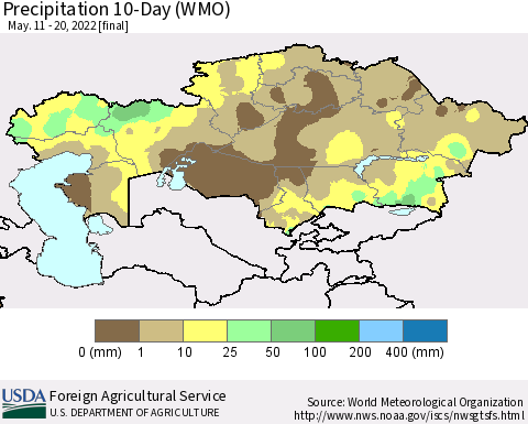 Kazakhstan Precipitation 10-Day (WMO) Thematic Map For 5/11/2022 - 5/20/2022