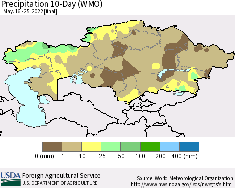 Kazakhstan Precipitation 10-Day (WMO) Thematic Map For 5/16/2022 - 5/25/2022