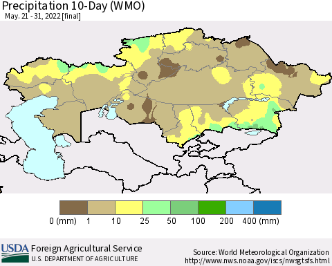 Kazakhstan Precipitation 10-Day (WMO) Thematic Map For 5/21/2022 - 5/31/2022