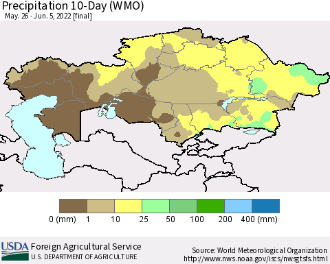 Kazakhstan Precipitation 10-Day (WMO) Thematic Map For 5/26/2022 - 6/5/2022