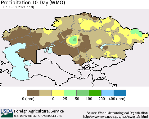 Kazakhstan Precipitation 10-Day (WMO) Thematic Map For 6/1/2022 - 6/10/2022