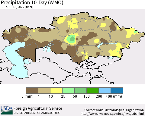 Kazakhstan Precipitation 10-Day (WMO) Thematic Map For 6/6/2022 - 6/15/2022