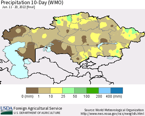 Kazakhstan Precipitation 10-Day (WMO) Thematic Map For 6/11/2022 - 6/20/2022