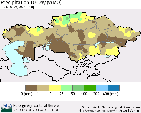 Kazakhstan Precipitation 10-Day (WMO) Thematic Map For 6/16/2022 - 6/25/2022