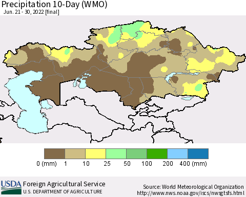 Kazakhstan Precipitation 10-Day (WMO) Thematic Map For 6/21/2022 - 6/30/2022