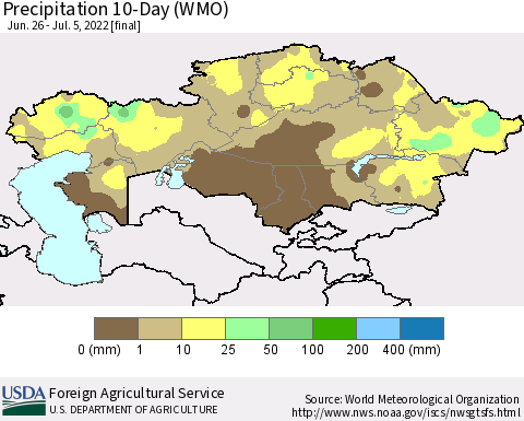 Kazakhstan Precipitation 10-Day (WMO) Thematic Map For 6/26/2022 - 7/5/2022