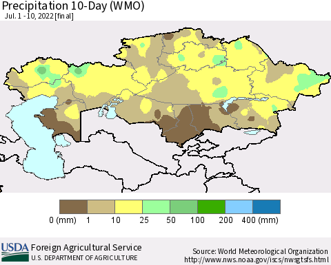 Kazakhstan Precipitation 10-Day (WMO) Thematic Map For 7/1/2022 - 7/10/2022