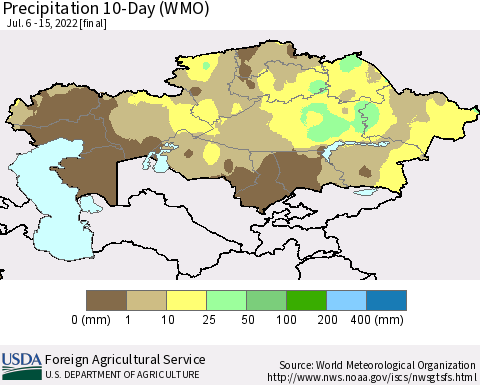 Kazakhstan Precipitation 10-Day (WMO) Thematic Map For 7/6/2022 - 7/15/2022