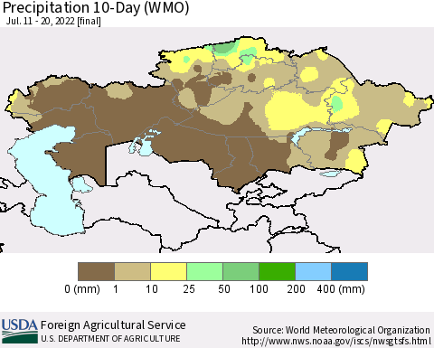 Kazakhstan Precipitation 10-Day (WMO) Thematic Map For 7/11/2022 - 7/20/2022