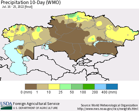 Kazakhstan Precipitation 10-Day (WMO) Thematic Map For 7/16/2022 - 7/25/2022