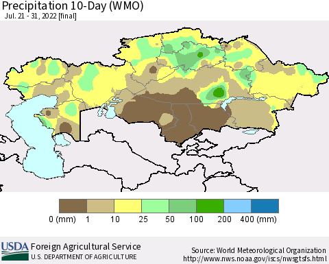 Kazakhstan Precipitation 10-Day (WMO) Thematic Map For 7/21/2022 - 7/31/2022