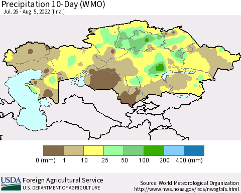Kazakhstan Precipitation 10-Day (WMO) Thematic Map For 7/26/2022 - 8/5/2022