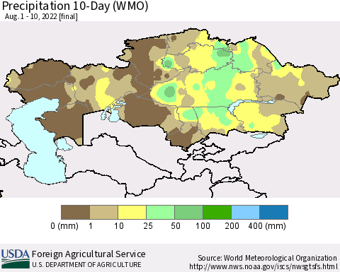 Kazakhstan Precipitation 10-Day (WMO) Thematic Map For 8/1/2022 - 8/10/2022