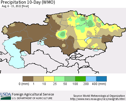 Kazakhstan Precipitation 10-Day (WMO) Thematic Map For 8/6/2022 - 8/15/2022