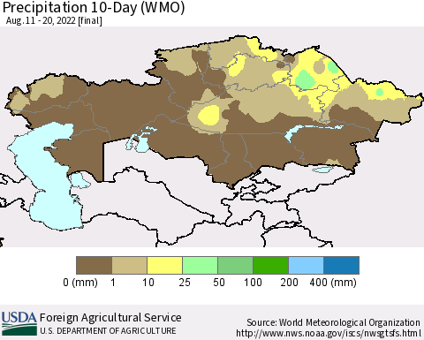 Kazakhstan Precipitation 10-Day (WMO) Thematic Map For 8/11/2022 - 8/20/2022