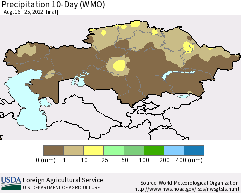 Kazakhstan Precipitation 10-Day (WMO) Thematic Map For 8/16/2022 - 8/25/2022