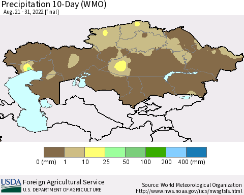 Kazakhstan Precipitation 10-Day (WMO) Thematic Map For 8/21/2022 - 8/31/2022