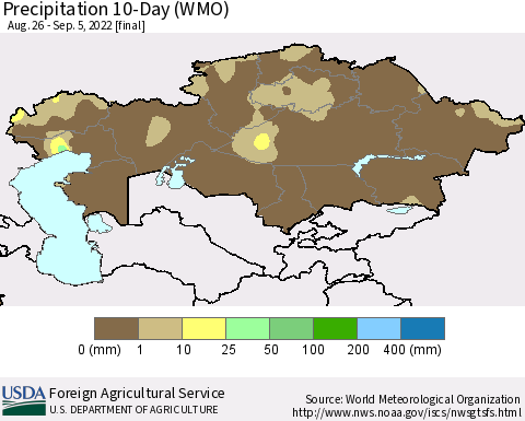 Kazakhstan Precipitation 10-Day (WMO) Thematic Map For 8/26/2022 - 9/5/2022