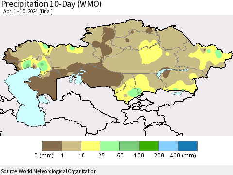 Kazakhstan Precipitation 10-Day (WMO) Thematic Map For 4/1/2024 - 4/10/2024
