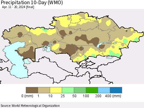 Kazakhstan Precipitation 10-Day (WMO) Thematic Map For 4/11/2024 - 4/20/2024