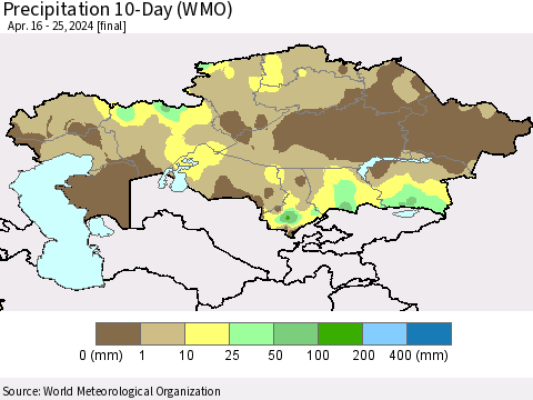 Kazakhstan Precipitation 10-Day (WMO) Thematic Map For 4/16/2024 - 4/25/2024