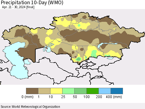 Kazakhstan Precipitation 10-Day (WMO) Thematic Map For 4/21/2024 - 4/30/2024