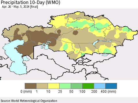 Kazakhstan Precipitation 10-Day (WMO) Thematic Map For 4/26/2024 - 5/5/2024