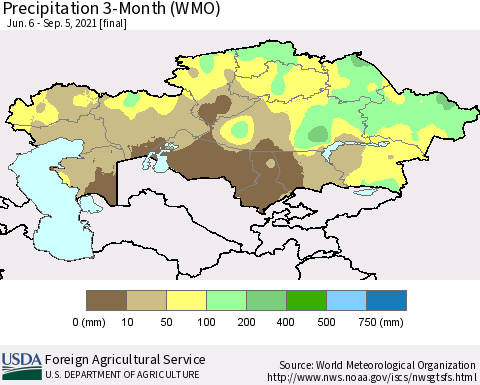 Kazakhstan Precipitation 3-Month (WMO) Thematic Map For 6/6/2021 - 9/5/2021