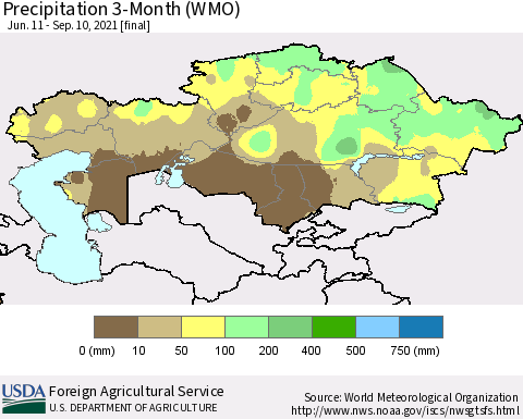 Kazakhstan Precipitation 3-Month (WMO) Thematic Map For 6/11/2021 - 9/10/2021