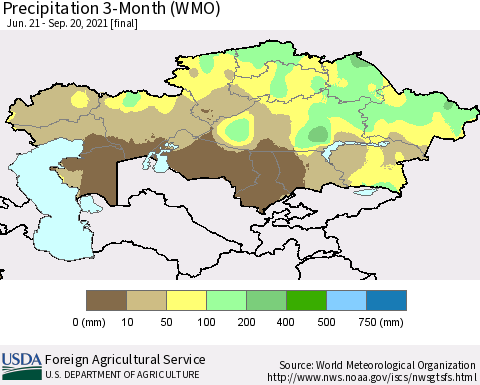 Kazakhstan Precipitation 3-Month (WMO) Thematic Map For 6/21/2021 - 9/20/2021