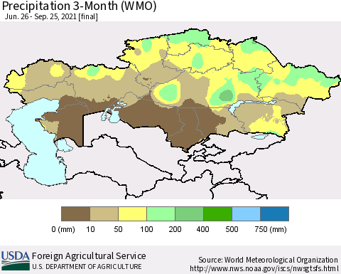 Kazakhstan Precipitation 3-Month (WMO) Thematic Map For 6/26/2021 - 9/25/2021