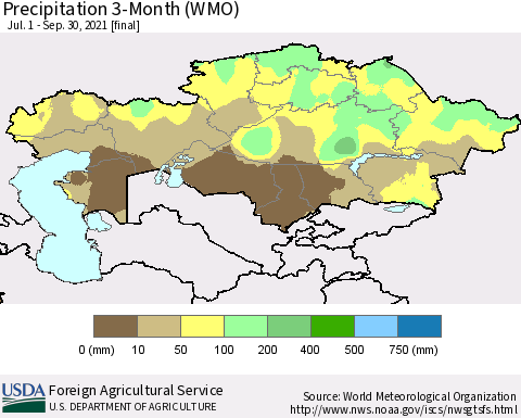 Kazakhstan Precipitation 3-Month (WMO) Thematic Map For 7/1/2021 - 9/30/2021