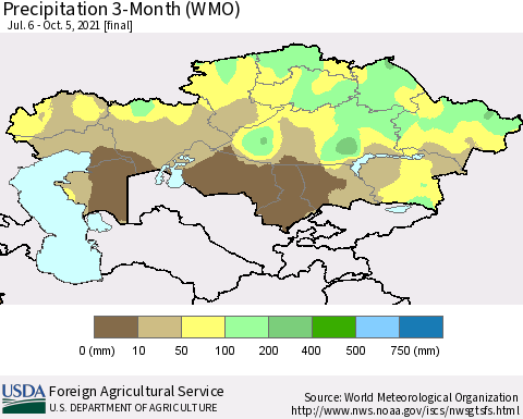 Kazakhstan Precipitation 3-Month (WMO) Thematic Map For 7/6/2021 - 10/5/2021